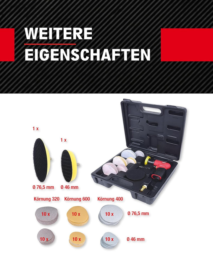 KS Tools Mini Druckluft Exzenterschleifer Satz 515.5110 63-tlg.I Druckluftschleifer mit Klett Schlei