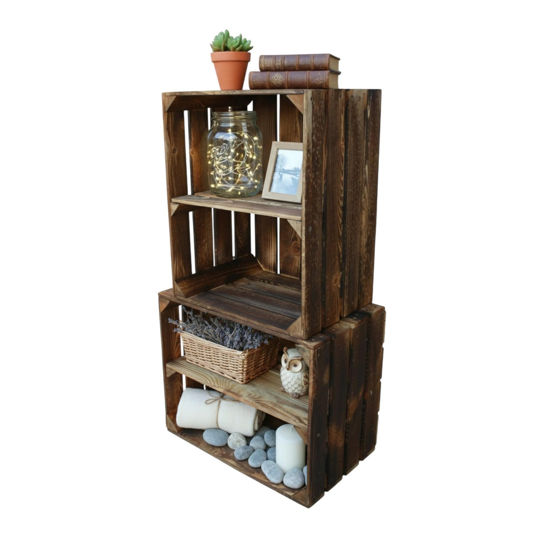 Teramico Holzkisten Obstkisten Weinkisten geflammt dunkel 50 x 40 x 30cm in tollen Set-Angeboten als