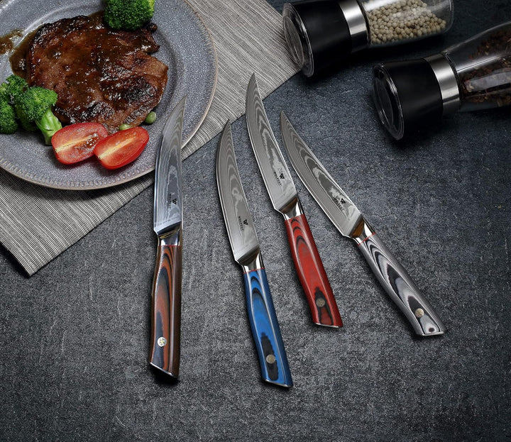 Wolfcut Damascus Steak Messer Set 4 tlg. 67 Lagigen Damaszener Stahl VG10 + G10 Stahl schwarzes Pakk