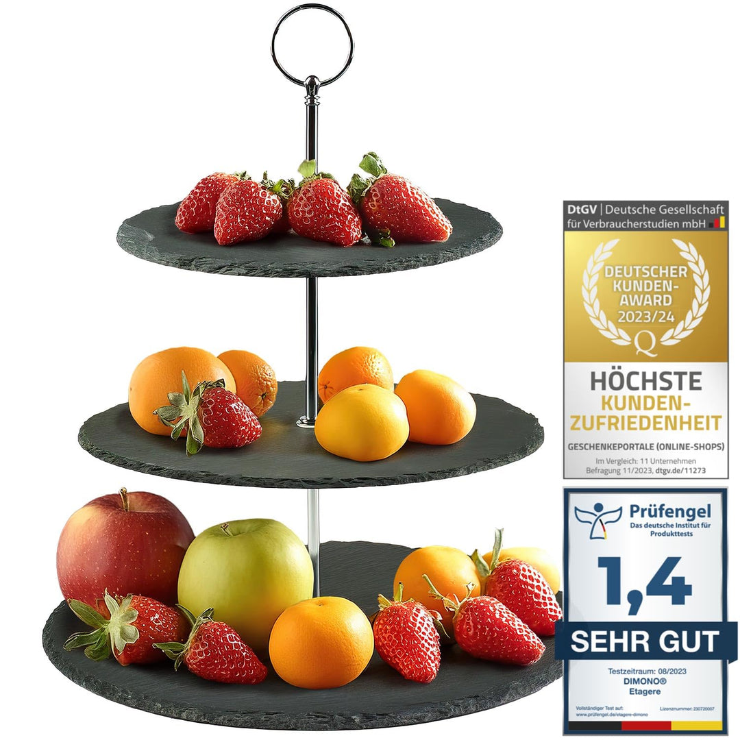 Dimono® Etagere Premium Servier-Ständer 3-Etagen; Servier-Tablett aus echten Schiefer-Naturstein für