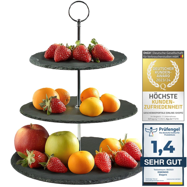 Dimono® Etagere Premium Servier-Ständer 3-Etagen; Servier-Tablett aus echten Schiefer-Naturstein für