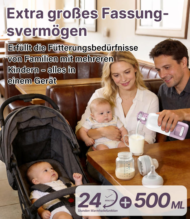 Tragbarer Baby Flaschenwärmer für Unterwegs | Pasteurisier-Funktion + 500ml Kapazität + 16000mAh-Akk