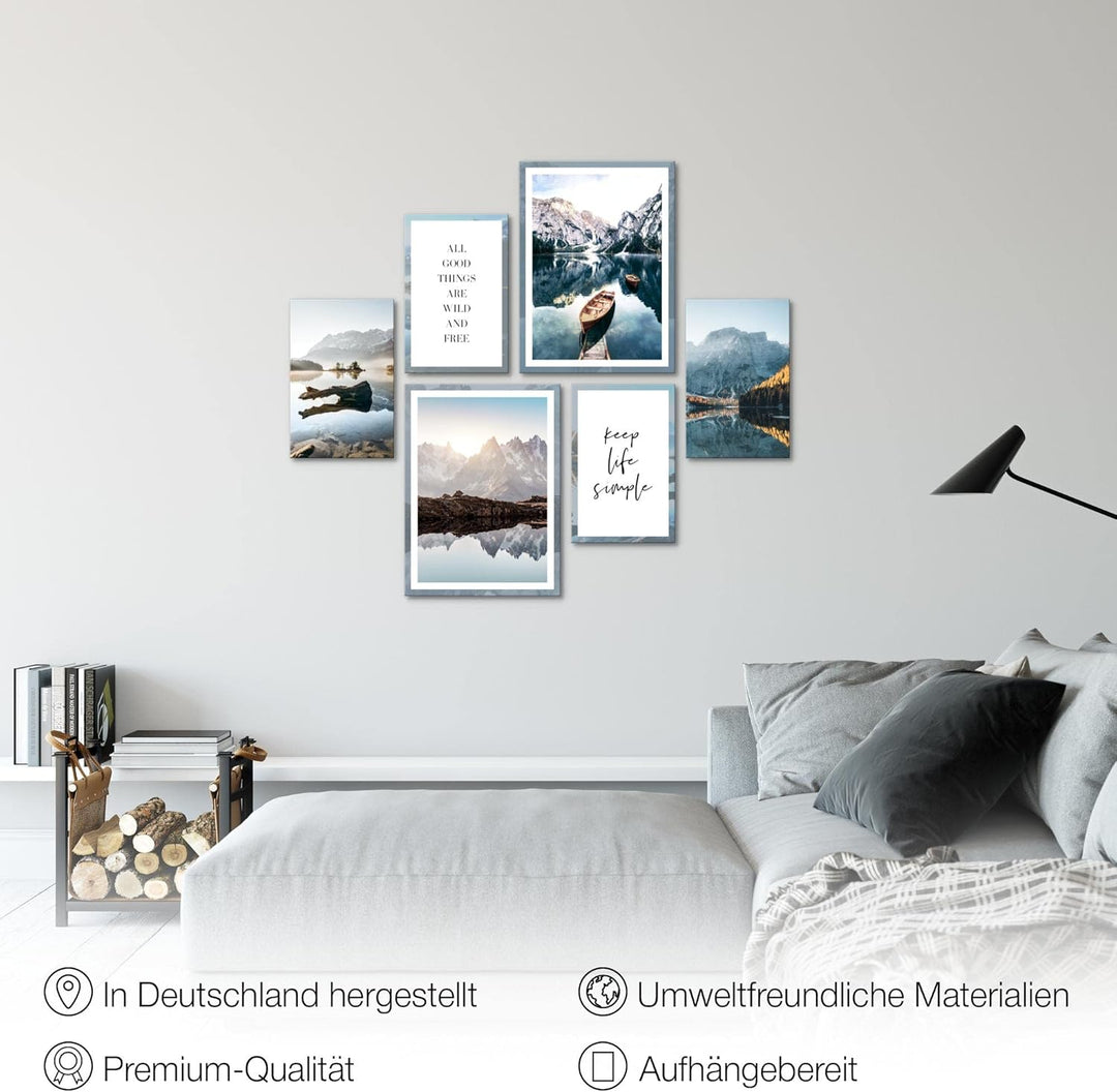 Novart Wandbilder Set Berge und See Natur - KEIN EXTRA RAHMEN BENÖTIGT - Modern Deko - Wohnzimmer Sc