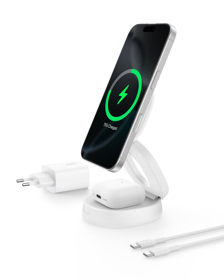 Belkin BoostCharge 2-in-1 Induktive Ladestation mit Qi2, 15W, MagSafe-kompatibles Ladegerät, Kabello