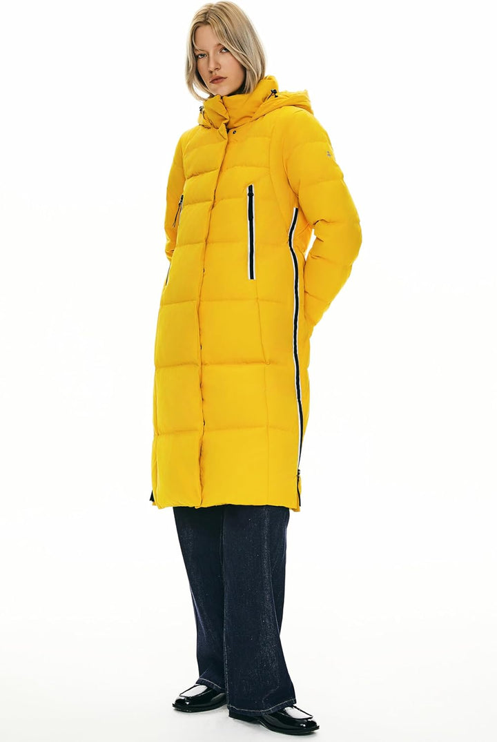 Orolay Damen Verdickte Daunenjacke Langer Wintermantel Mit Kapuze Pufferjacke XS Gelb, XS Gelb