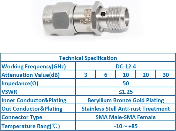 TOJOIN 2PCS RF Koaxial-Dämpfungsgerät, 12.4GHz 6dB 2W 50Ohm SMA Stecker auf SMA Buchse RF Coaxial At
