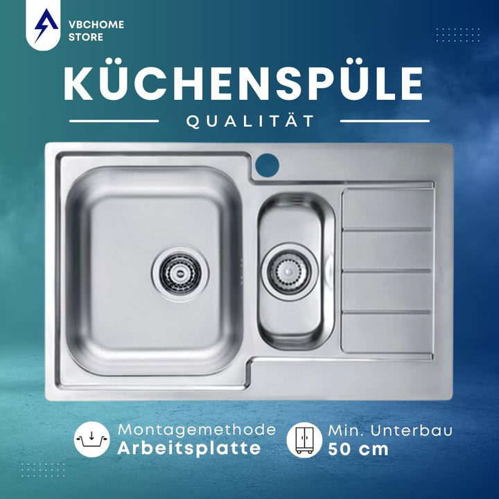 VBChome Einbauspüle mit Hahnloch Rechts 790x500 mm Camping Küchenspüle - Satinstruktur Alveus Line 7