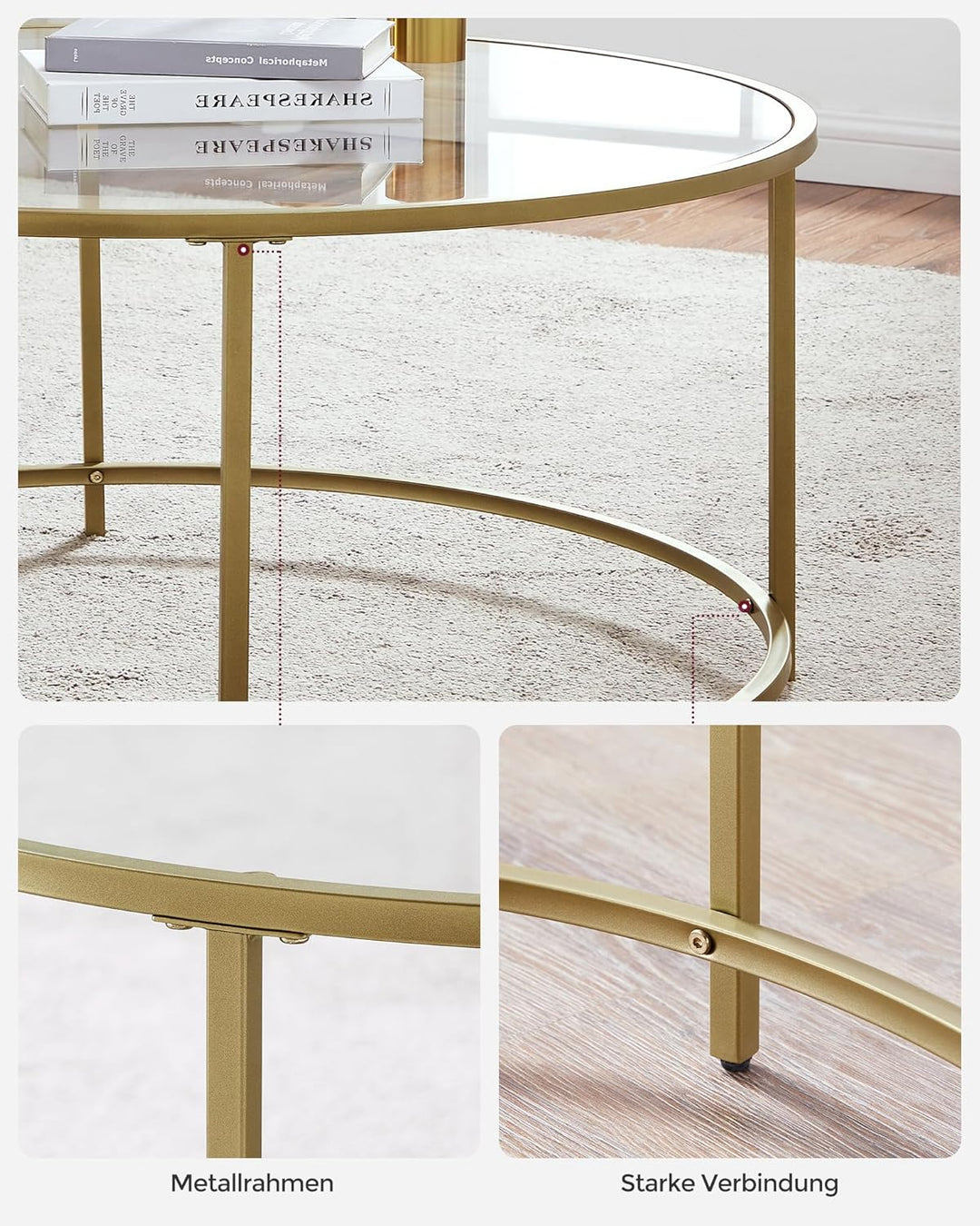 VASAGLE Couchtisch, Beistelltisch, Wohnzimmertisch rund, Glastisch mit Metallgestell, Hartglas, Nach