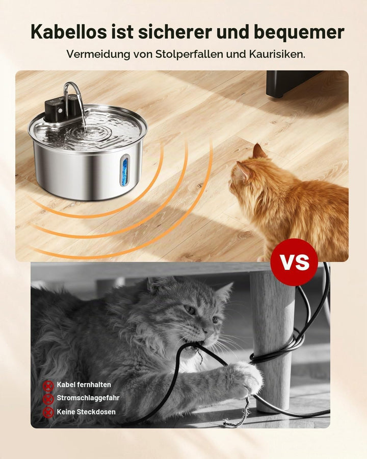 Katzenbrunnen Kabellos - Trinkbrunnen für Katze Edelstahl - Katzenbrunnen mit Bewegungssensor und 45