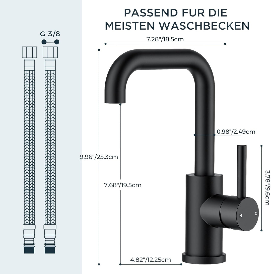 FORIOUS Wasserhahn Bad Schwarz 360° Drehbar, Waschtischarmatur Schwarz Hoch Warm/Kaltwasser Edelstah
