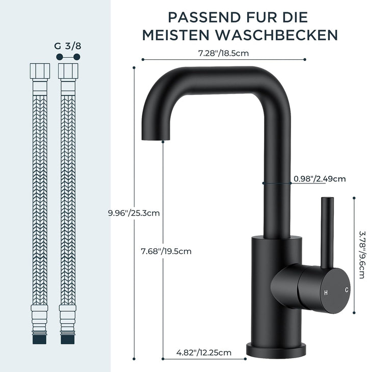 FORIOUS Wasserhahn Bad Schwarz 360° Drehbar, Waschtischarmatur Schwarz Hoch Warm/Kaltwasser Edelstah