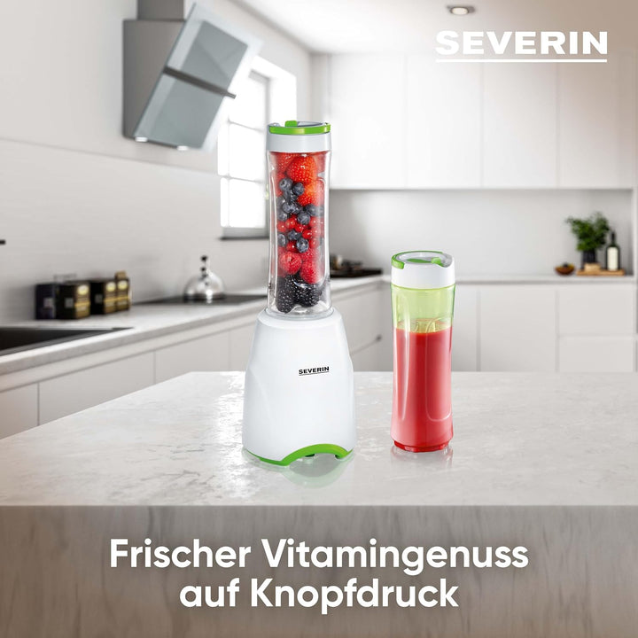 SEVERIN SM 3735 Smoothie Mix &amp; Go (ca. 300 W, 600 ml, Inkl. 2 Trinkbehälter mit Deckel) weiss/grün,