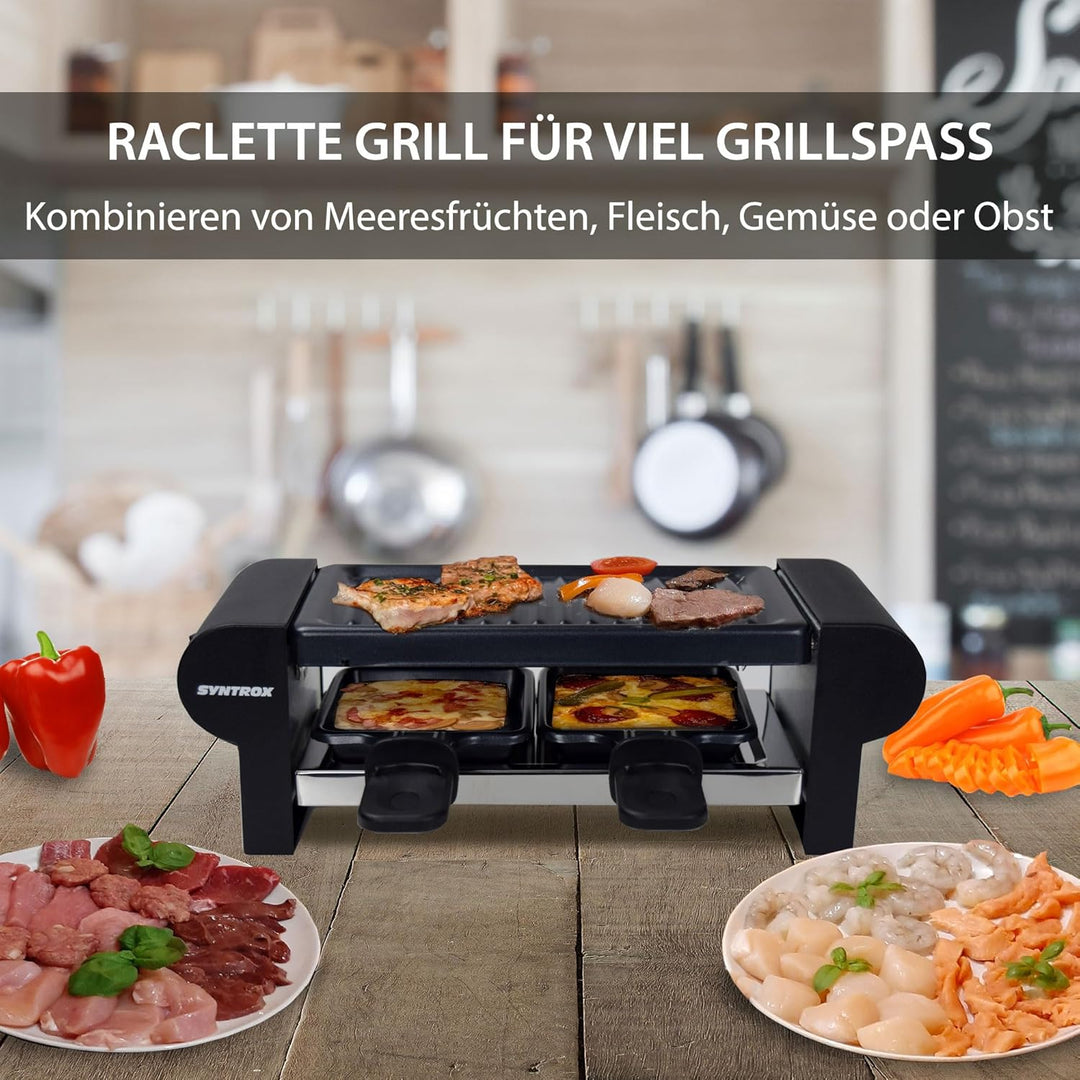 Syntrox Germany Edelstahl Design Raclette Glarus mit Grillplatte und Platte Heisser Stein für 2 Pers