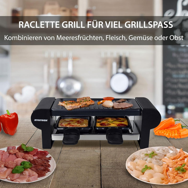 Syntrox Germany Edelstahl Design Raclette Glarus mit Grillplatte und Platte Heisser Stein für 2 Pers