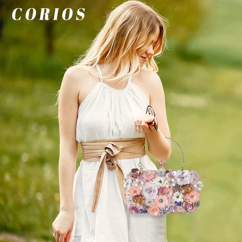 CORIOS Damen Clutch Tasche Blumen Abendtasche Hochzeit Bag Elegante Kette Shiny Strass Handtasche Sc