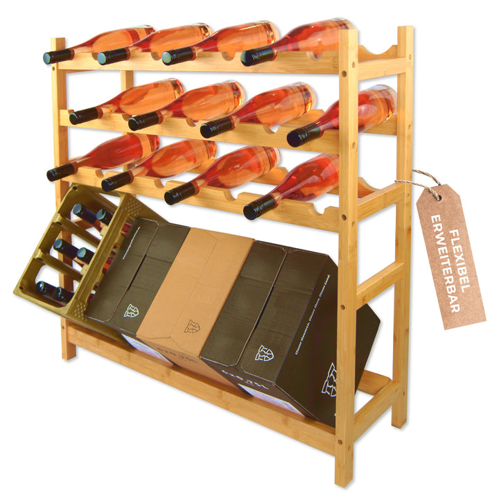 Weinregal Holz, 24 Flaschen + 4 Weinkarton, Flaschenregal Stapelbar, Getränkeregal erweiterbar, Wein