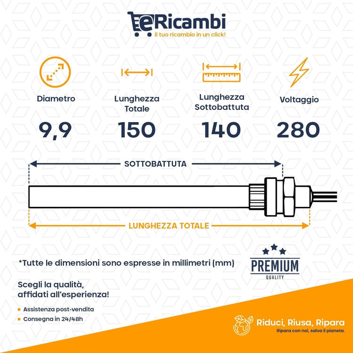 Ricambi Pellet | Zündkerze für Pelletofen | Gewindeanschluss 3/8" GAS | Durchmesser 9,9 mm 280 W Ges