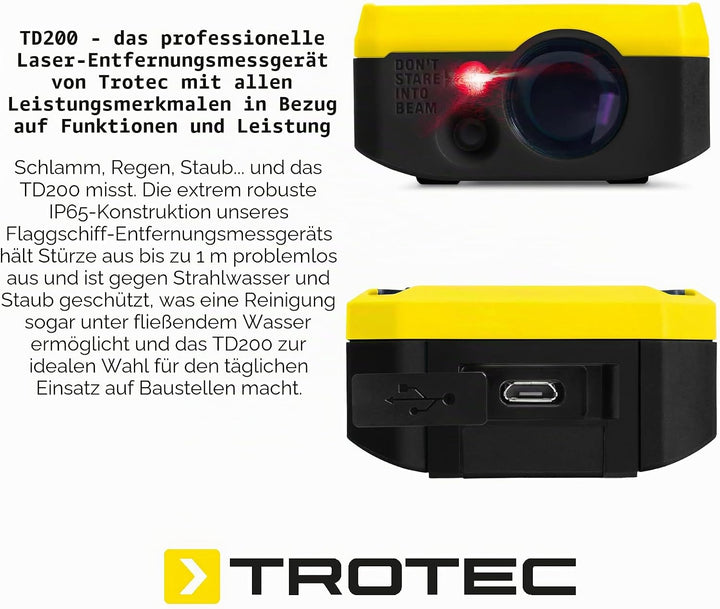 TROTEC Laser-Entfernungsmesser TD200 | Messgerät für professionelle Messanwendungen bis 200 m Reichw