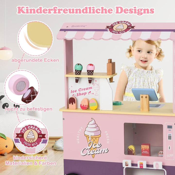 FANTASK Eiswagen Kinder Rosa mit 15 Zubehör, Kaufladen Holz mit Eismaschine & Kasse & Scanner & Verk