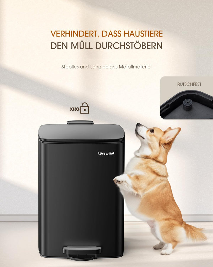 lovewind Küchenabfalleimer, 20L Schwarzer Mülleimer aus Edelstahl mit Pedal, mit Deckel und Inneneim