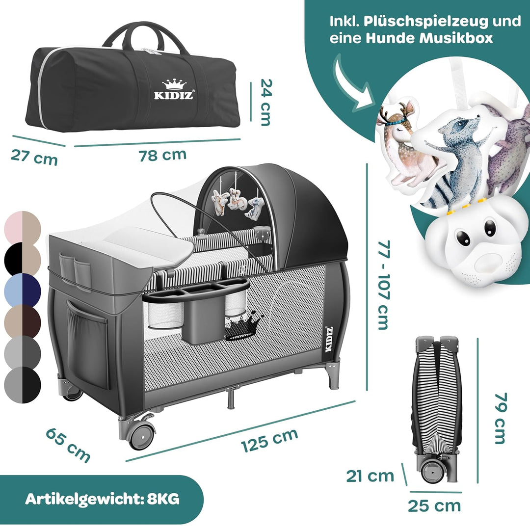 Kidiz® Babybett Reisebett Kinderreisebett klappbar mit Matratze & Räder 120x60, Seiteneingang, Wicke