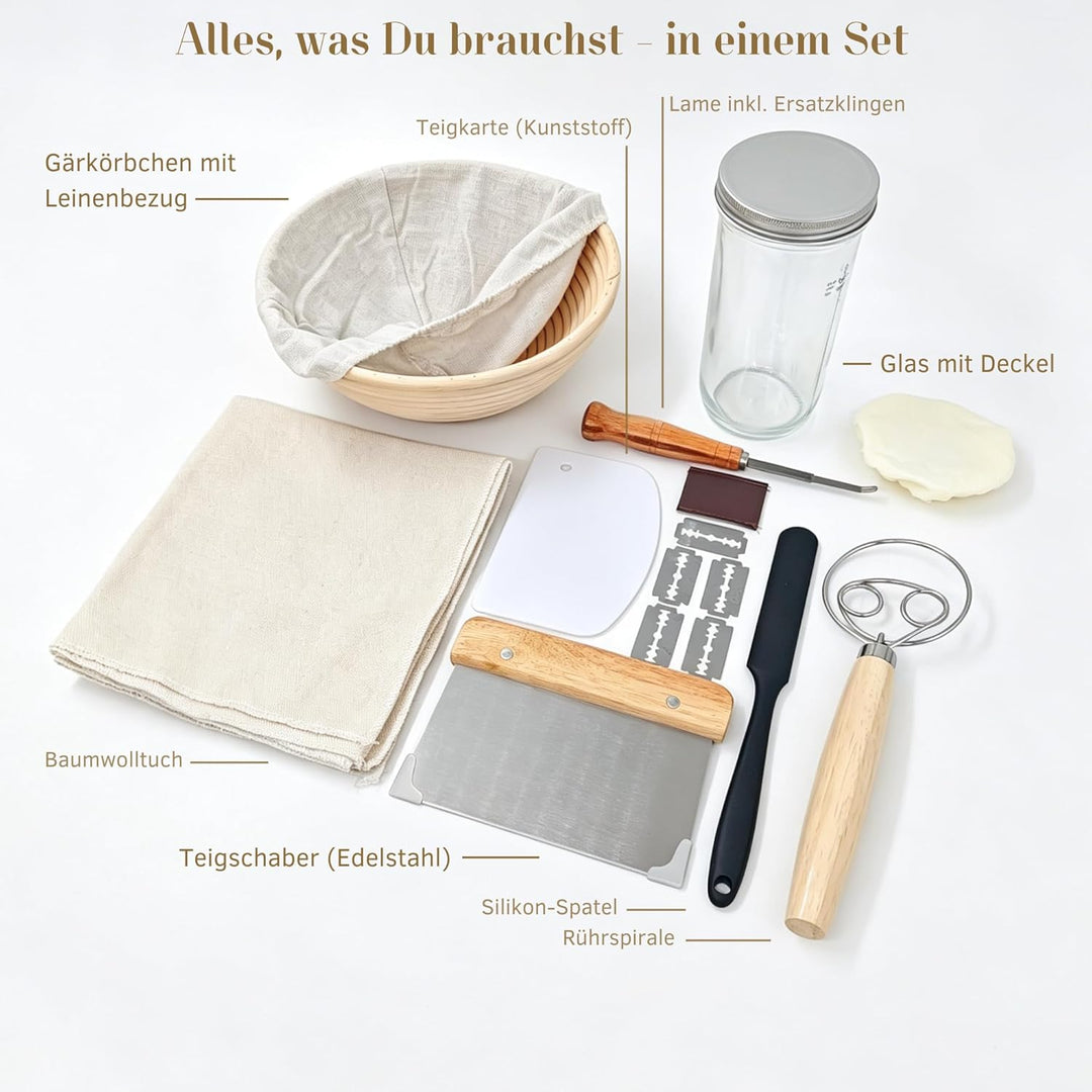 GoodHarvest Sauerteig Starter Set: Premium Komplettset mit Rattan-Gärkörbchen, 600ml Starterglas, Br
