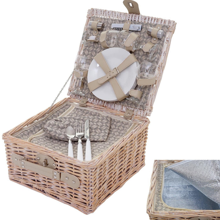 Mendler Picknickkorb-Set-AM für 4 Personen, Picknicktasche + Kühlfach, Porzellan Glas Edelstahl, bei
