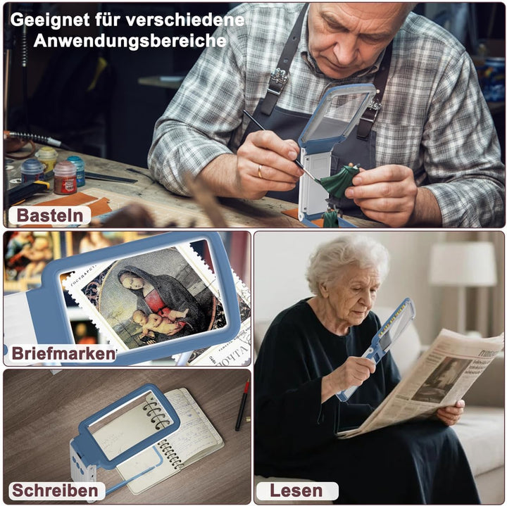10X Lupe mit Licht und Ständer, Echtglaslinse Leselupe, Wiederaufladbare, Faltbare Grosse Handlupe,