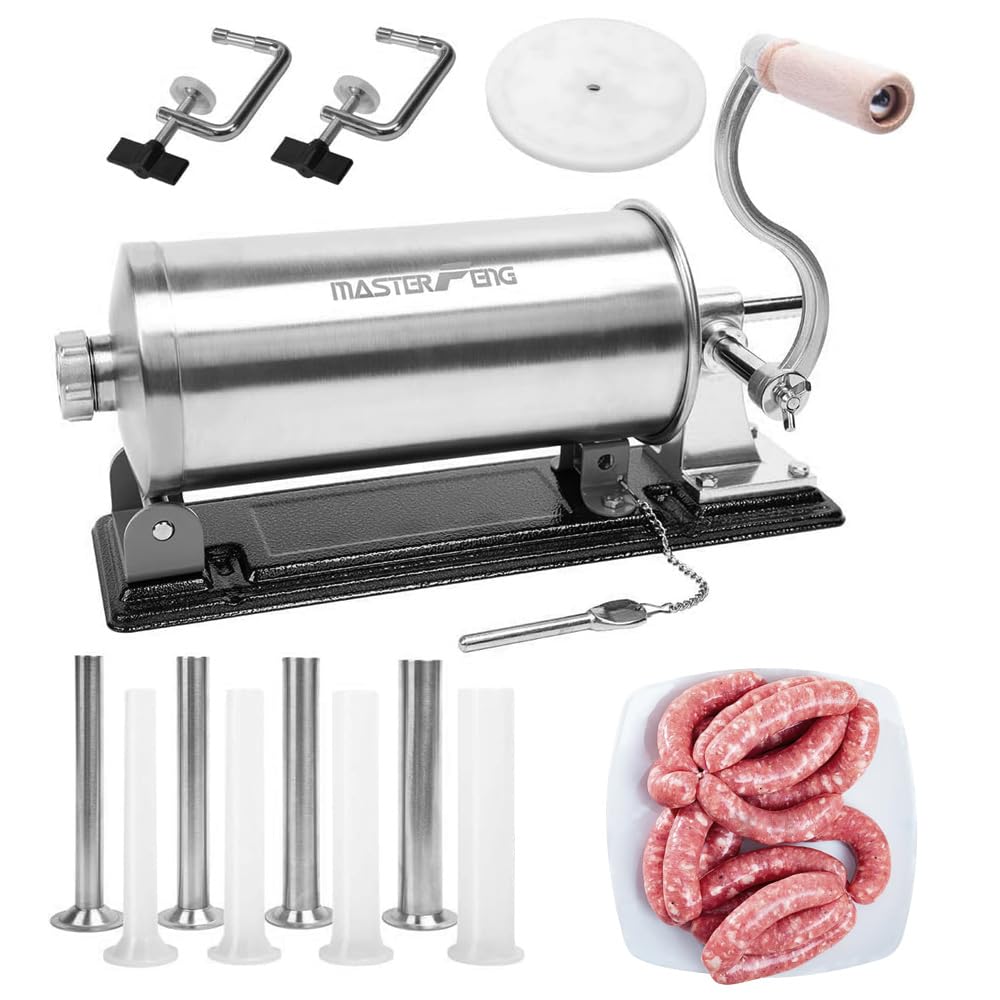 MASTER FENG 6 LBS Wurstfüllmaschine Horizontale Füllmaschine aus Edelstahl mit 8 Fülltrichtern und 1