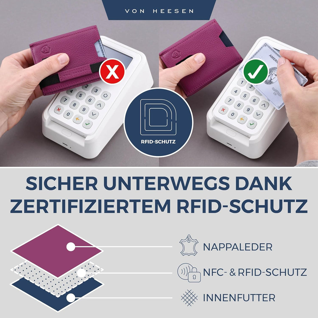 VON HEESEN Slim Wallet mit XL Münzfach & RFID-Schutz - Leder Geldbeutel - Mini Geldbörse für Herren