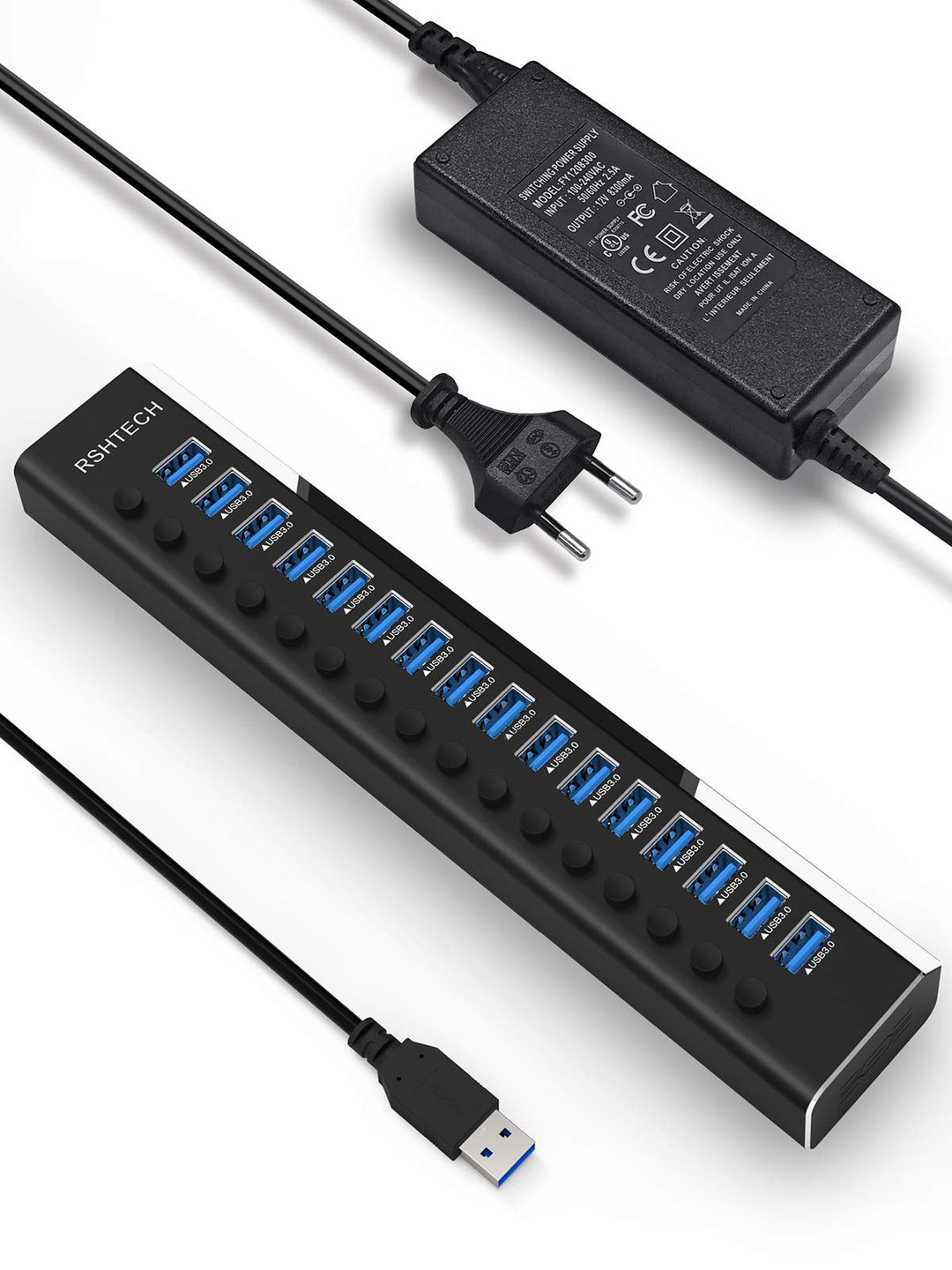 RSHTECH 16 Port USB Hub Aktiv 3.0 mit 100W Netzteil, Aluminium Multiport USB 3.0 Hub mit 12V/8.3A Ne
