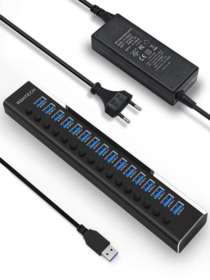 RSHTECH 16 Port USB Hub Aktiv 3.0 mit 100W Netzteil, Aluminium Multiport USB 3.0 Hub mit 12V/8.3A Ne