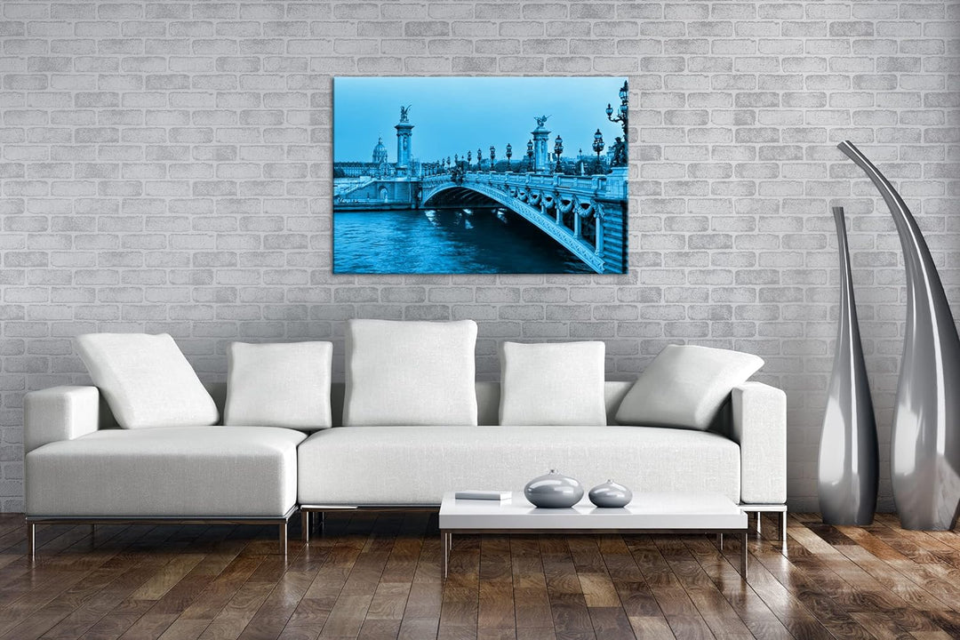 deyoli Brücke am Seineufer in Paris Format 80x60 Effekt: Monocrome Blau als Leinwandbild, Motiv fert