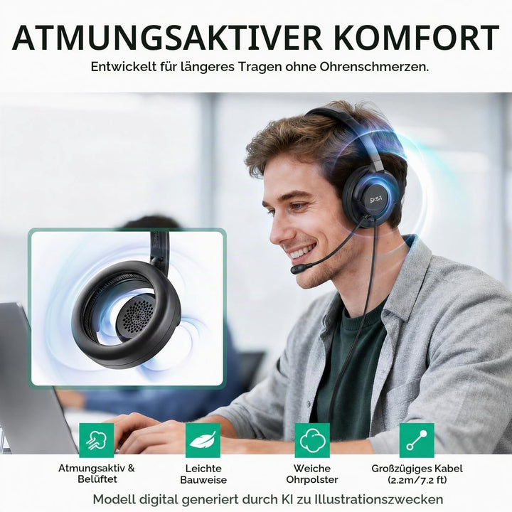 EKSA H27 PC Headset mit Mikrofon, Open-Ear Headset mit Kabel, Headset mit Geräuschunterdrückung, USB