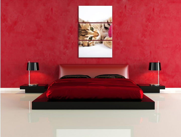Pixxprint Kätzchen mit Wollknäuel als Leinwandbild/Grösse: 3 Teilig (120x80) cm/Wandbild/Kunstdruck/