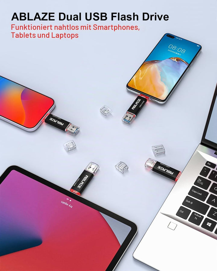 10 Stück USB C Stick 64GB OTG 2.0, ABLAZE Dual Speicherstick 2-IN-1 | für Type-C Handy/Smartphone/La