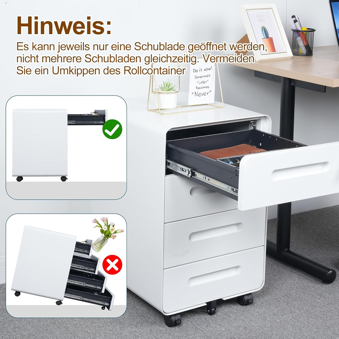 Rollcontainer, Mobiler Aktenschrank mit Schloss, Abgerundeten Ecken, 4 Schlüssel, 4 Schubladen, Büro