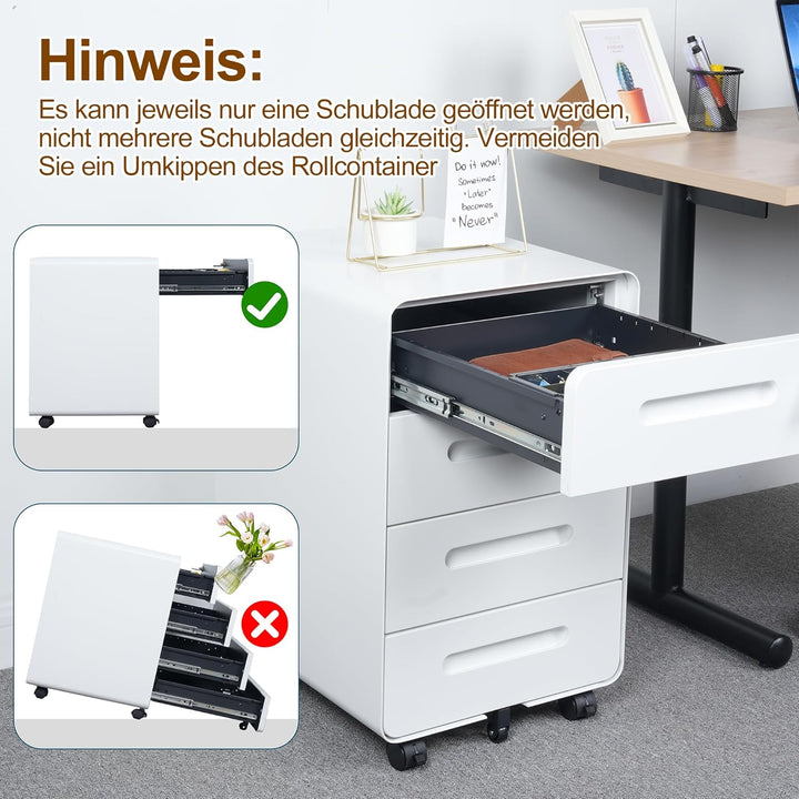 Rollcontainer, Mobiler Aktenschrank mit Schloss, Abgerundeten Ecken, 4 Schlüssel, 4 Schubladen, Büro