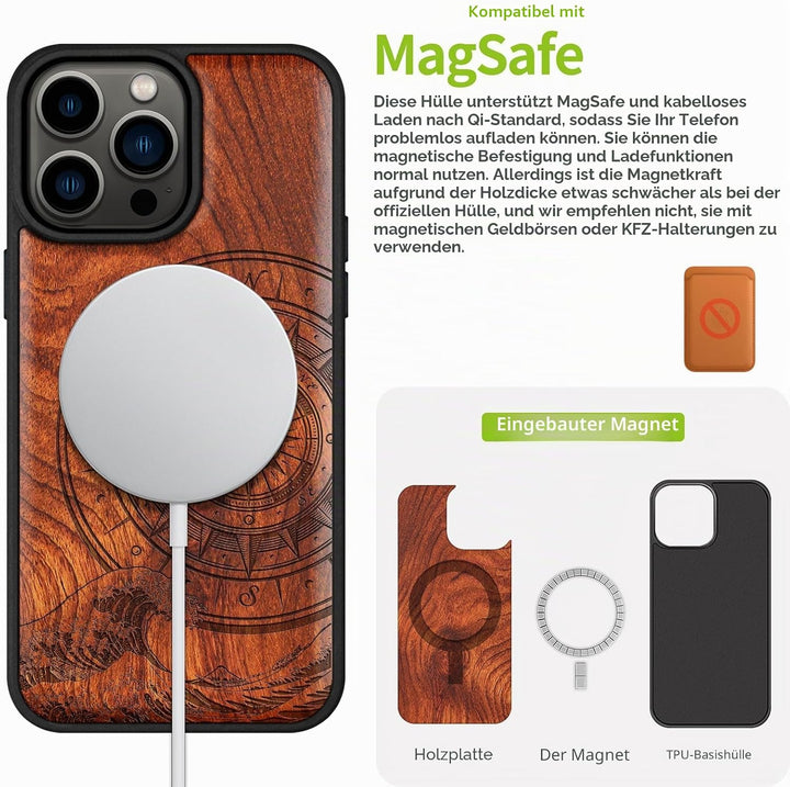 Carveit Holz Cover für iPhone 15 Pro Max Handyhulle kompatibel mit MagSafe Massivholz für Apple 15 p