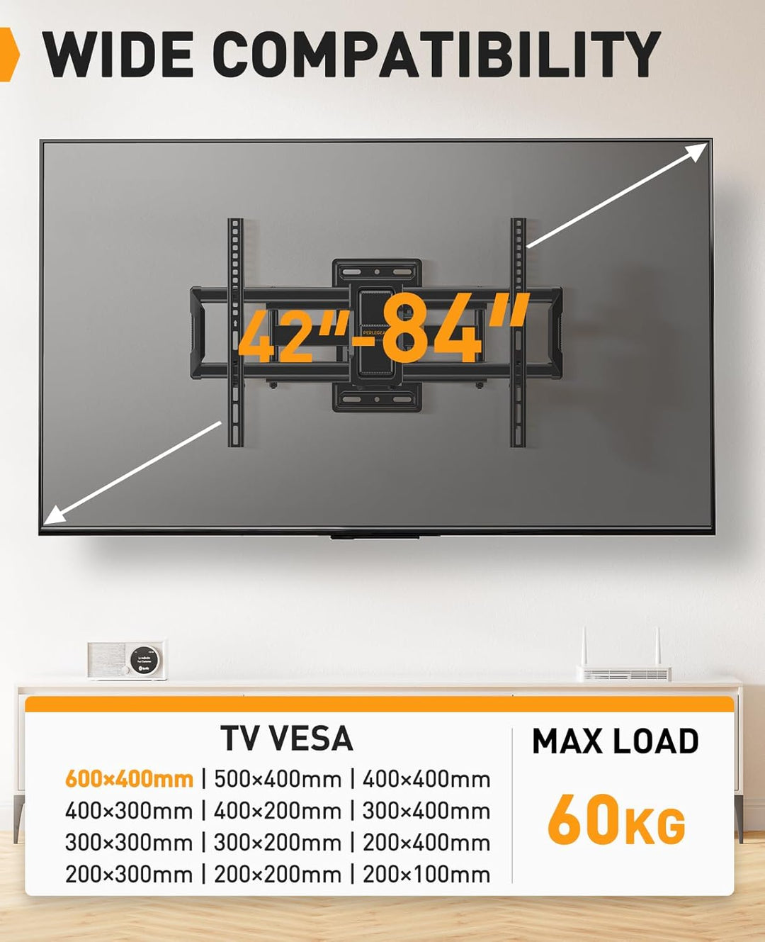 Perlegear TV Wandhalterung für 37-84 Zoll TV bis 50kg, Fernseher Schwenkbar Werkzeugfreier Neigbar,