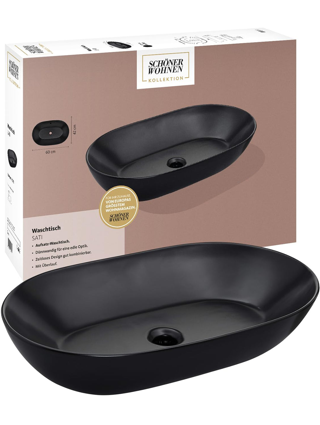 Schöner Wohnen Kollektion Aufsatz-Waschbecken 60 cm Sati, schwarzer Waschtisch abgerundet, Keramikwa
