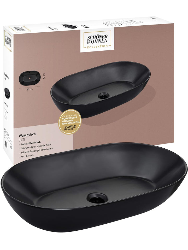 Schöner Wohnen Kollektion Aufsatz-Waschbecken 60 cm Sati, schwarzer Waschtisch abgerundet, Keramikwa