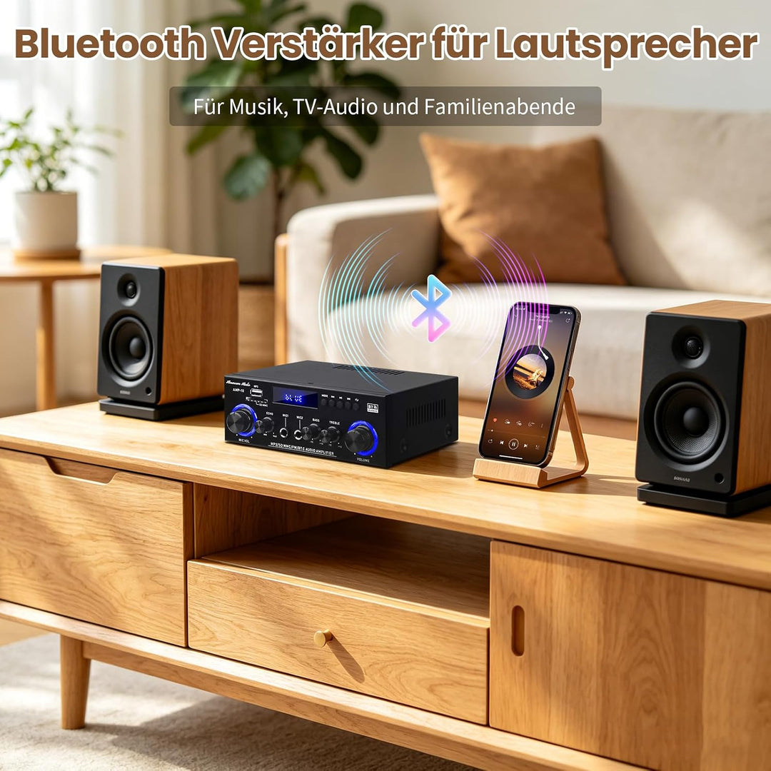 Henakmsl Bluetooth Stereo Verstärker 2.0, 2 x 50 W, Subwoofer-Out | Mit USB, SD, FM, AUX, 2 Mikrofon