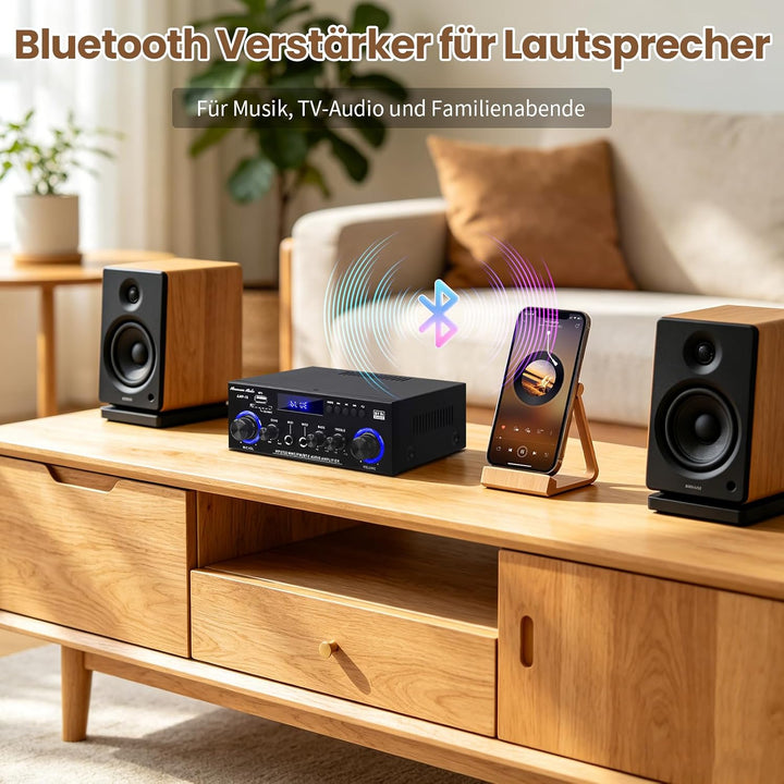 Henakmsl Bluetooth Stereo Verstärker 2.0, 2 x 50 W, Subwoofer-Out | Mit USB, SD, FM, AUX, 2 Mikrofon