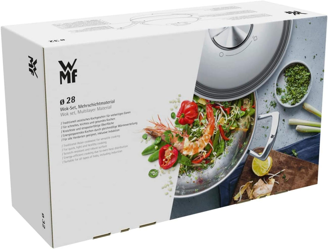 WMF Multiply Wokpfanne 28 cm, Wok Induktion unbeschichtet, Metalldeckel mit Wrasenabzug, Mehrschicht
