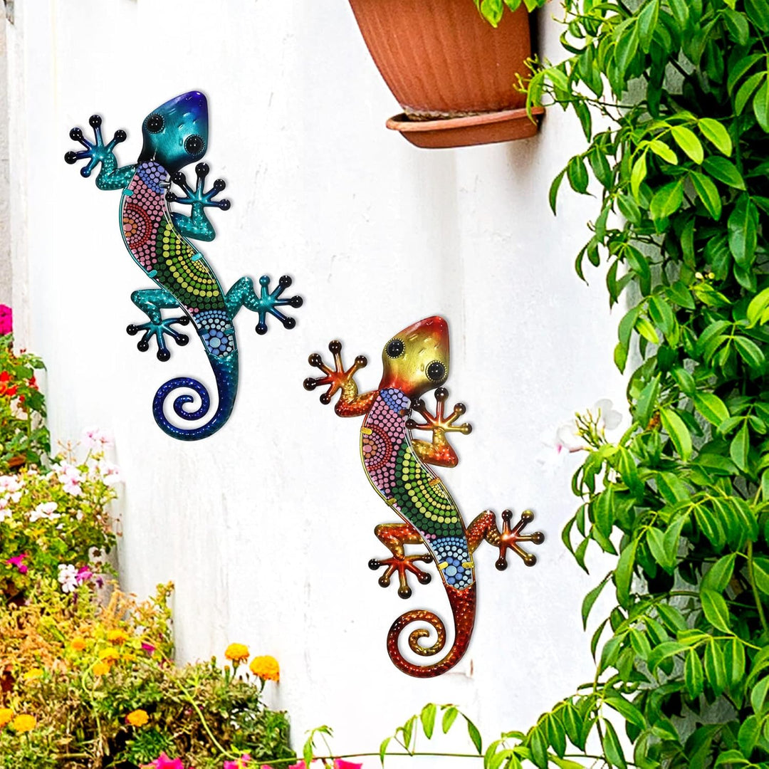 HONGLAND Metall-Gecko-Wandkunst, 2 Stück, 38,1 cm, Eidechse, Outdoor-Dekoration, hängende Glasskulpt
