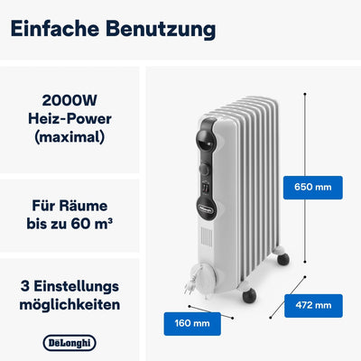 De'Longhi TRRS0920 Elektrischer Radiator, 2000 W, 3 Leistungsstufen, weiss 9 Elemente Single, 9 Elem