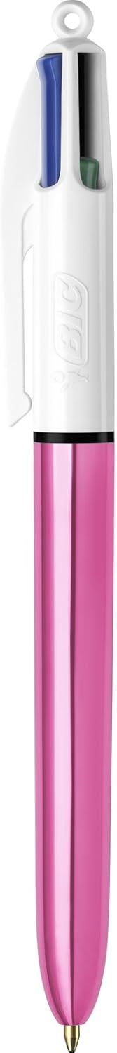 BIC 4 Farben Kugelschreiber Set 4 Colours Shine, Schaft in metallic pink, 12er Pack, Ideal für das B