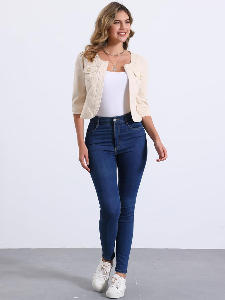 Allegra K Damen Jeansjacke 3/4 Ärmel Open Front Kragenlos Jacke mit Taschen XS Creme, XS Creme