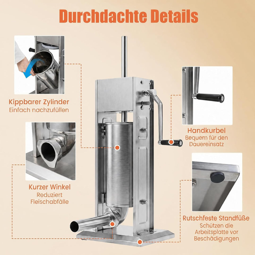 COSTWAY manueller Wurstfüller 5 L, Wurstfüllmaschine Edelstahl, Silber, 5 L